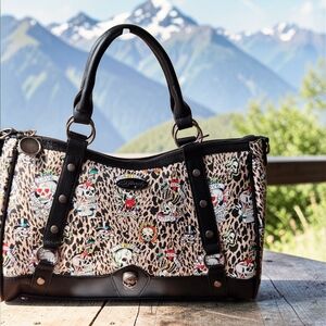 NEW Ed Hardy Satchel Handbag Leopard & Skull Logo Tattoo Print 14.5"x8.5x2.5 NWT